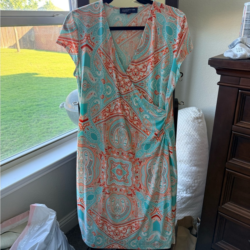 Jones New York Teal and Orange Paisley Midi Dress